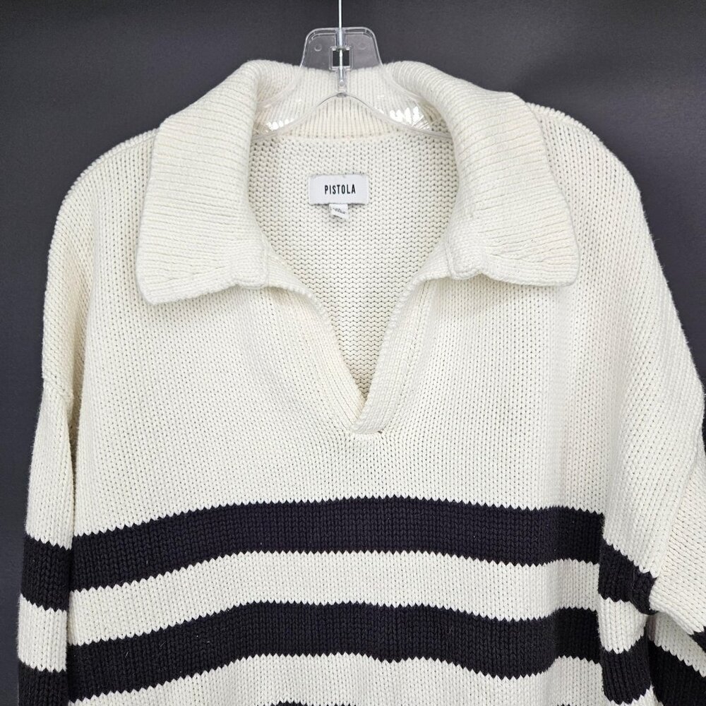 Pistola Sweater Womens XL Midnight Cream Stripe Collared Knit Pullover Academia - Picture 2 of 10